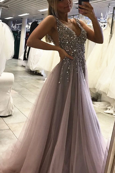 Sexy Side Split Prom Dress,Sleeveless Tulle Evening Dress,Long Party Dress,445