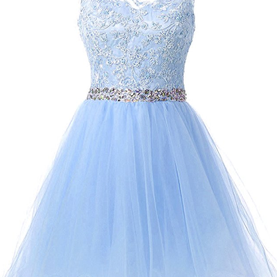 Charming prom dress, elegant light blue prom dress, tulle prom gown, short homecoming dress,450