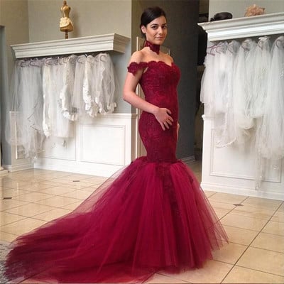 Burgundy mermaid wedding dress,off the shoulder wedding dress,lace bridal gowns,962