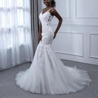 Lace Mermaid V-Neck White Wedding Dress 2021 Appliques,963 - Thumbnail 2