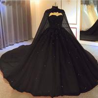 Sppliques Beaded Ball Gown Sleeveless Black Weddng Dresses with Cape,967 - Thumbnail 1
