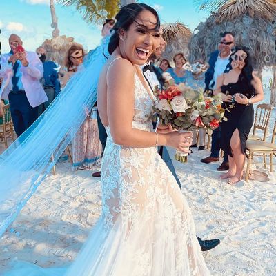 Mermaid v neck backless champagne white lace wedding dresses - Thumbnail 2