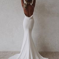 Simple Mermaid V Neck Backless White Soft Satin Wedding Dresses - Thumbnail 1