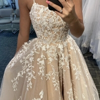 Charming A-Line Scoop Neck Champagne Tulle Long Prom Dresses - Thumbnail 2