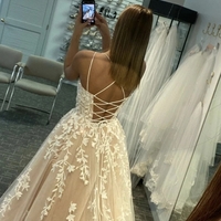 Charming A-Line Scoop Neck Champagne Tulle Long Prom Dresses - Thumbnail 1