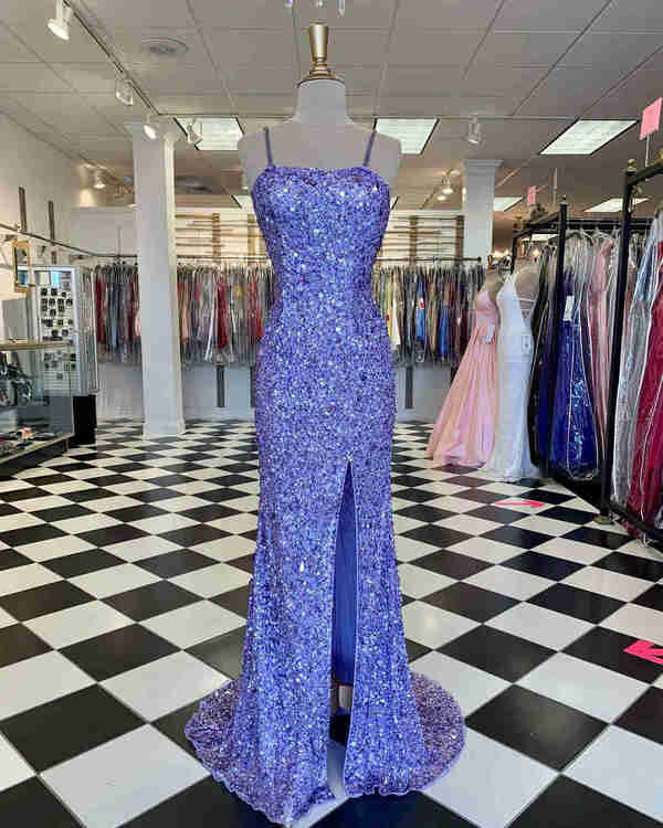 Sparkle Lavender Sqeuined Prom Dress with Slit