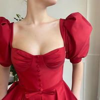 Vintage A-Line Sweetheart Half Sleeves Dark Red Ankle Length Prom Dresses with Slit - Thumbnail 2