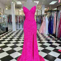 Hot Pink Straps Prom Dress with Slit