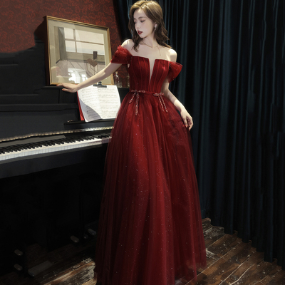 Burgundy tulle long a line prom dress evening dress - Thumbnail 2