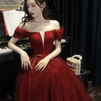 Burgundy tulle long A line prom dress evening dress - Thumbnail 1