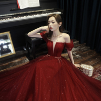 Burgundy tulle long A line prom dress evening dress - Thumbnail 2