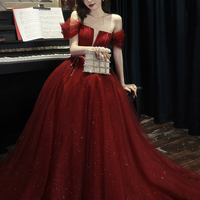 Burgundy tulle long A line prom dress evening dress - Thumbnail 3