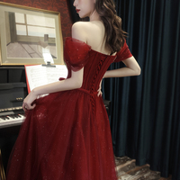 Burgundy tulle long A line prom dress evening dress - Thumbnail 4