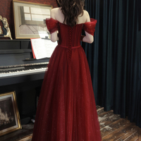 Burgundy tulle long A line prom dress evening dress - Thumbnail 5