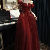 Burgundy tulle long A line prom dress evening dress - Thumbnail 6