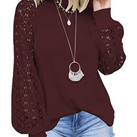 Loose Round Neck Long-Sleeved Lace Stitching Top - Thumbnail 1