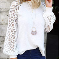 Loose Round Neck Long-Sleeved Lace Stitching Top - Thumbnail 3