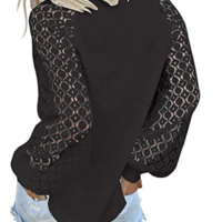 Loose Round Neck Long-Sleeved Lace Stitching Top - Thumbnail 4