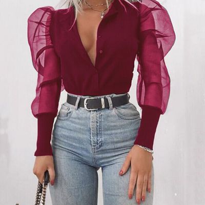 V-neck solid color women's puff sleeve long sleeve shirt