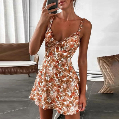 Sexy temperament sling print high waist dress