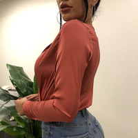 Sexy Long-Sleeved Solid Color V-Neck Shirt - Thumbnail 3