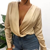 Sexy Long-Sleeved Solid Color V-Neck Shirt - Thumbnail 1