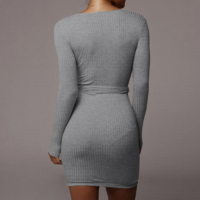 V-Neck Sexy Knit Long Sleeves Slim Bag Hip Dress - Thumbnail 3