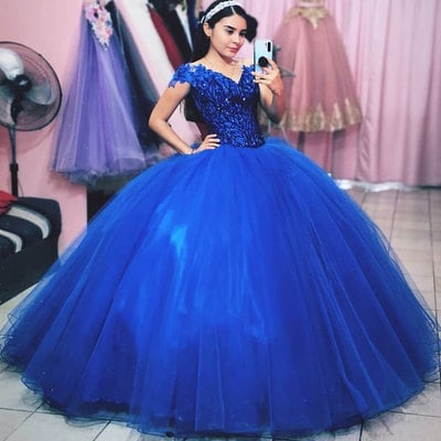 Off the shoulder royal blue prom dresses princess dress - Thumbnail 1