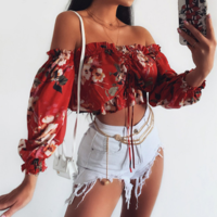 Off-The-Shoulder Sexy Print Long-Sleeved Shirt Tops - Thumbnail 1