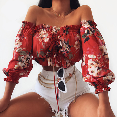 Off-the-shoulder sexy print long-sleeved shirt tops