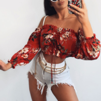Off-The-Shoulder Sexy Print Long-Sleeved Shirt Tops - Thumbnail 3