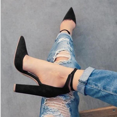 Pointed toe low cut ankle lace up high chunky heels s-417