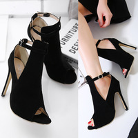 Faux Suede Peep-Toe Ankle Strap High Heels S-421 - Thumbnail 2