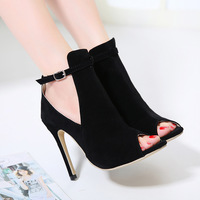 Faux Suede Peep-Toe Ankle Strap High Heels S-421 - Thumbnail 1