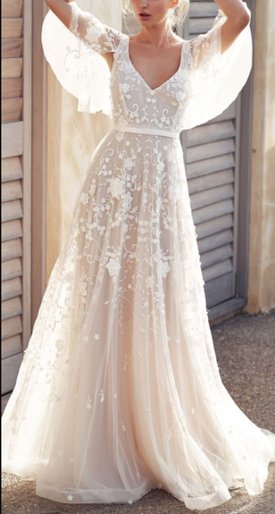 2021 Romantic White Flower Appliques Wedding Dress,Lace Long Bridal Dresses,Wedding Dress,289