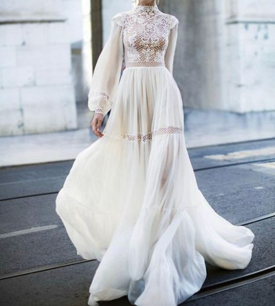 Charming floor length tulle wedding party dress,Exquisite high collar lace prom dress,702