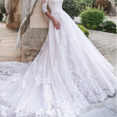 Cathedral train white lace bridal dresses with sleeves vestido de boda,969