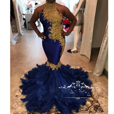 Sexy Gold and Royal Blue Mermaid Feather Prom Dresses High Neck Backless Plus Size Black Girls Pageant Formal Graduation Party Gowns,968