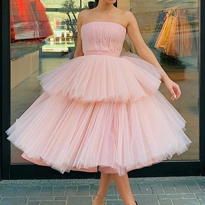 Strapless pink tulle homecoming dress gown with tiered skirt,972