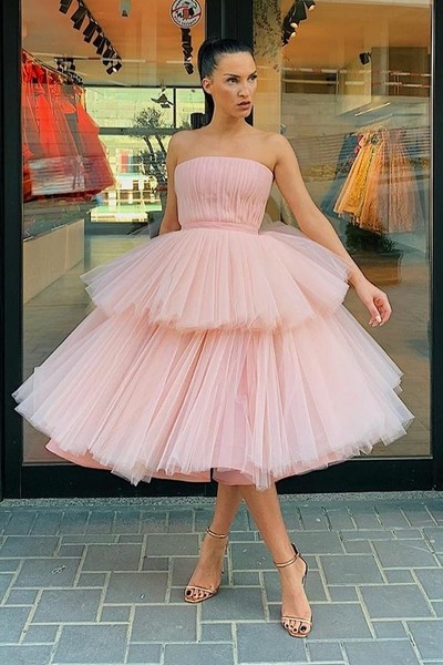 Strapless Pink Tulle Homecoming Dress Gown with Tiered Skirt,972