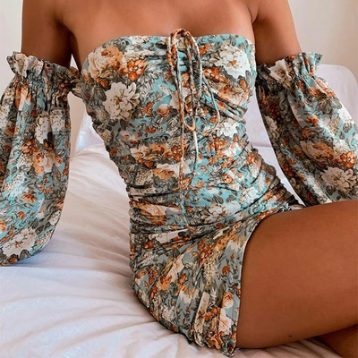 Sexy temperament wrapped women's printed high waist dress