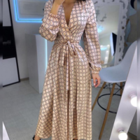 V-Neck Printed Long-Sleeved Dress - Thumbnail 2