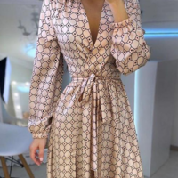 V-Neck Printed Long-Sleeved Dress - Thumbnail 1