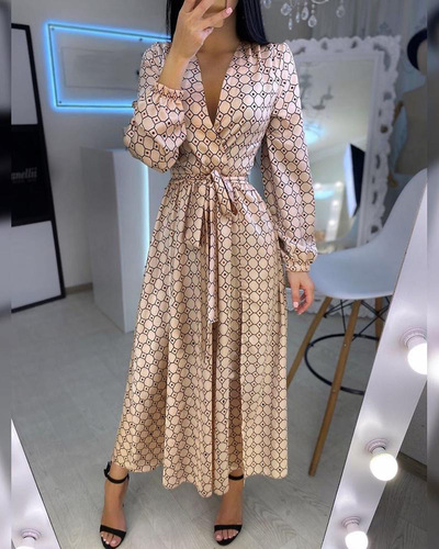 V-Neck Printed Long-Sleeved Dress