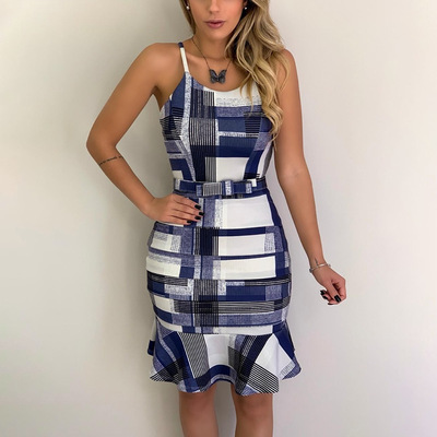 Sling plaid high waist sleeveless dress