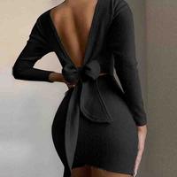 Long Sleeve Solid Color Backless V-Neck Dress - Thumbnail 1
