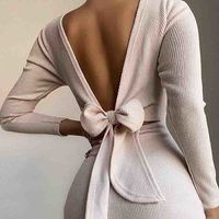 Long Sleeve Solid Color Backless V-Neck Dress - Thumbnail 2