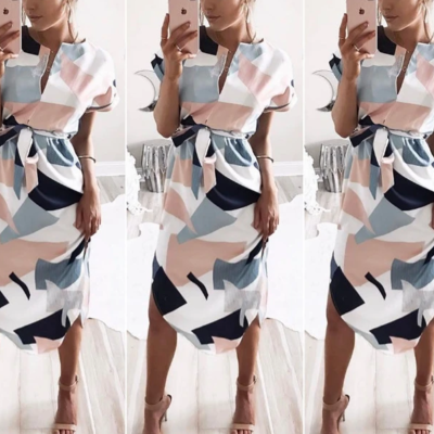 Short sleeve sexy v-neck printed dress