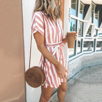 Striped V-Neck Short-Sleeved Dress - Thumbnail 1