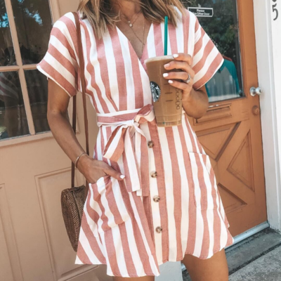 Striped V-Neck Short-Sleeved Dress